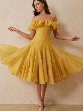 Yellow Summer Elegant Party Off-Shoulder Dress,Layered Ru